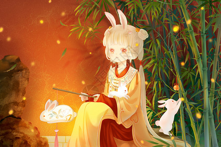 春节古装女孩古装兔子拟人插画插画