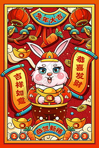 中国风2023兔年小年海报喜庆2023癸卯兔年抱元宝兔子插画插画