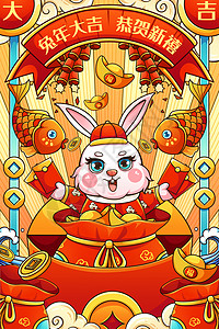 撸串串宣传海报喜庆2023癸卯兔年红包福袋兔子兔年大吉插画插画