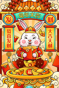 华丽房地产海报喜庆2023癸卯兔年拿红包兔子聚宝盆插画插画