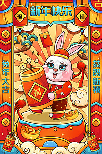喜庆2023癸卯兔年拿炮竹兔子春节插画图片