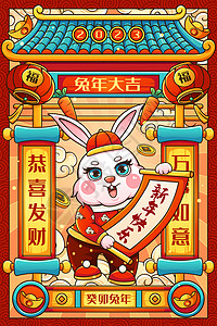 中国风2023兔年小年海报喜庆2023癸卯兔年拿对联兔子迎新年春节插画插画