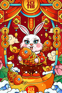 喜庆2023癸卯兔年抱锦鲤兔子年年有余春节插画图片
