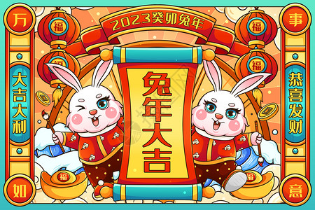 全家人拿春联喜庆2023癸卯兔年写对联拿毛笔兔子春节新年插画插画