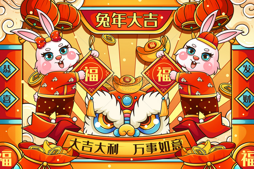 喜庆2023癸卯兔年拿福字兔子狮子头迎新年春节插画图片