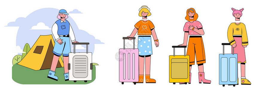 带小火车边框糖果色站姿野外带行李箱搭帐篷旅游SVG插画插画