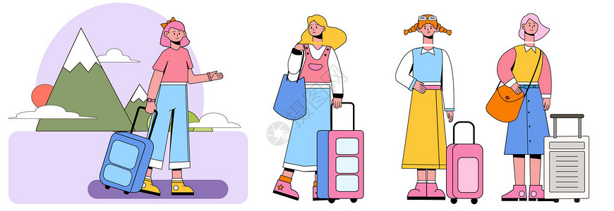 四个边框素材糖果色站姿野外携带行李箱旅游雪山山峰SVG插画插画