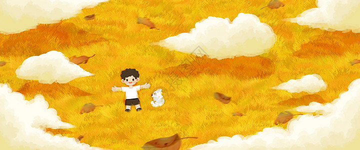 躺在叶子上男孩秋天男孩和狗躺在草地上看云插画banner插画