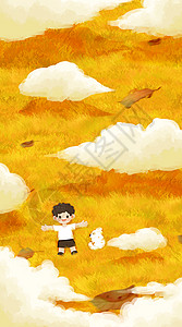 天空和树叶背景海报秋天男孩和狗躺在草地上看云开屏插画插画