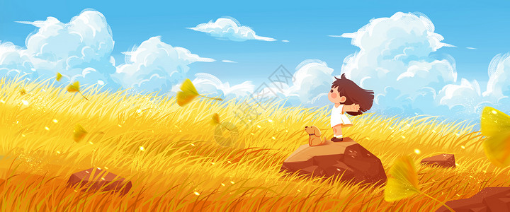 秋天女孩和狗站在石头上吹秋风插画banner高清图片