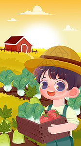 水果田秋天在田地里丰收食物的农民开屏插画插画