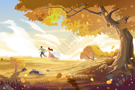 树木繁茂的金色秋天一起去露营插画
