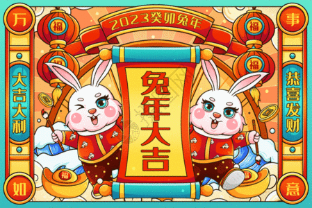 喜庆2023癸卯兔年写对联拿毛笔兔子春节新年插画gif动图图片