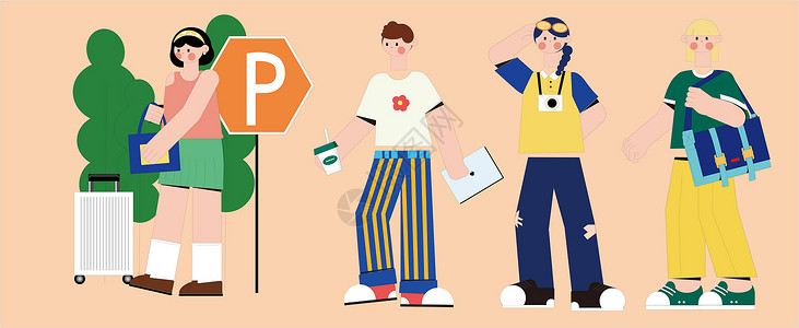 蓝环边框黄蓝站姿户外人物携带旅行箱路标旅游SVG插画插画