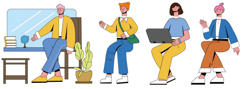 人生四个瓶子黄橙蓝棕教室人物教育SVG插画插画