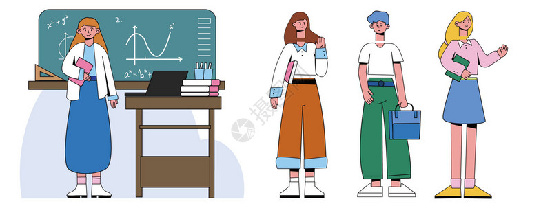 蓝色课桌蓝绿粉棕课室课桌黑板教学人物组件SVG插画插画