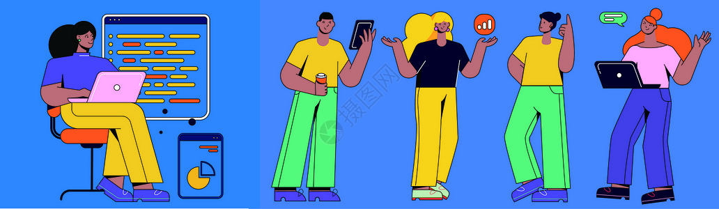 家庭企业黄蓝色搞怪使用电脑手机做数据的人物插画