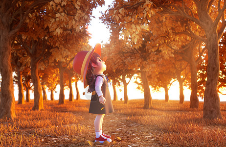 秋天的女孩唯美秋天女孩赏落叶场景设计图片