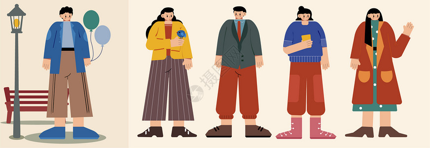 穿风衣的时尚都市女性简洁扁平人物插画组件插画
