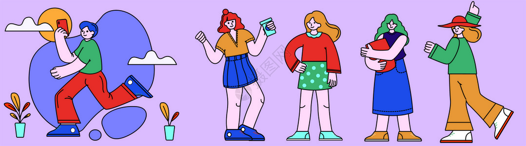 节奏的蓝绿色卡通生活类穿短裙喇叭裤的女孩人物插画