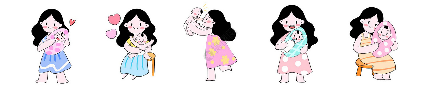 贴纸画可爱线描母婴卡通妈妈婴儿互动插画元素插画