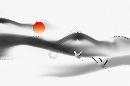 艺术墨汁喷洒物大气红日飞鹤中国水墨背景设计图片