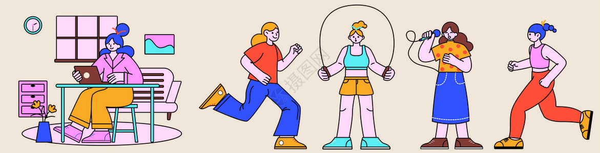 跳绳运动粉色卡通兴趣类人物插画
