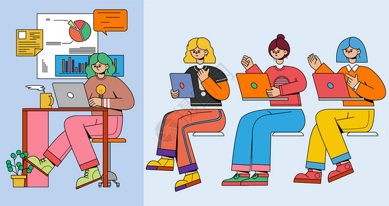 加油团队撞色扁平人物场景坐着用电脑分析数据办公女孩SVG拆分插画插画