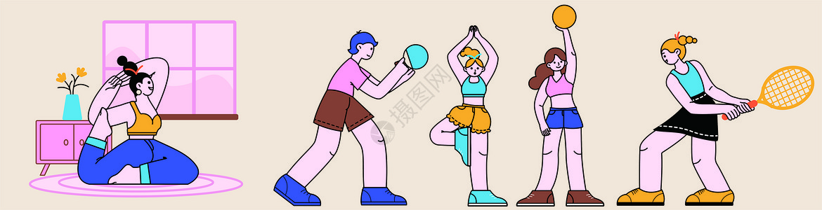 瑜伽活动素材粉色卡通兴趣类运动欢乐人物SVG插画插画