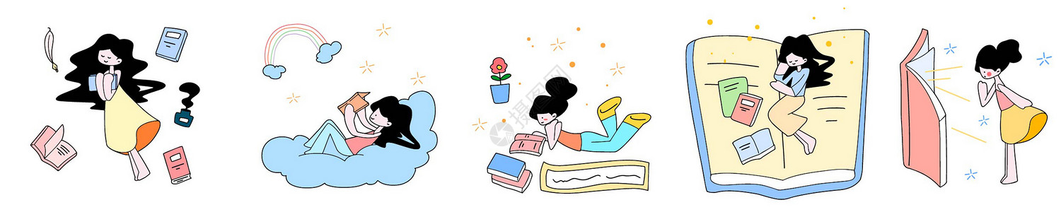 教育主题卡通女孩看书睡觉插画元素图片素材