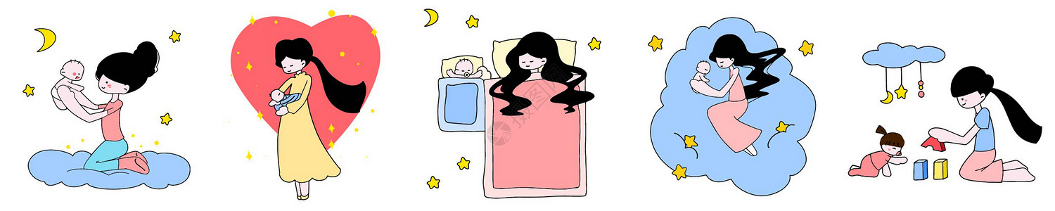 母婴卡通女孩妈妈和婴儿互动插画元素图片