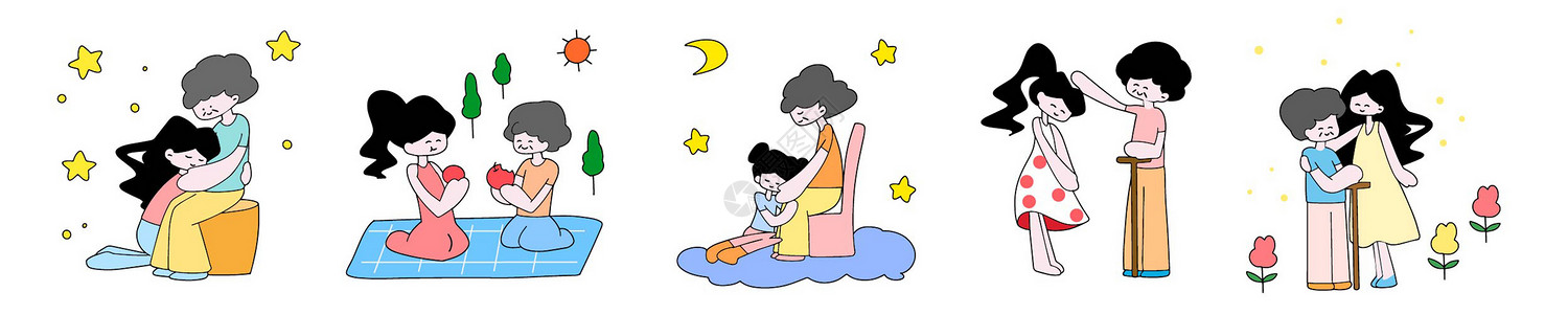 重阳节卡通女孩和妈妈互动插画元素背景图片