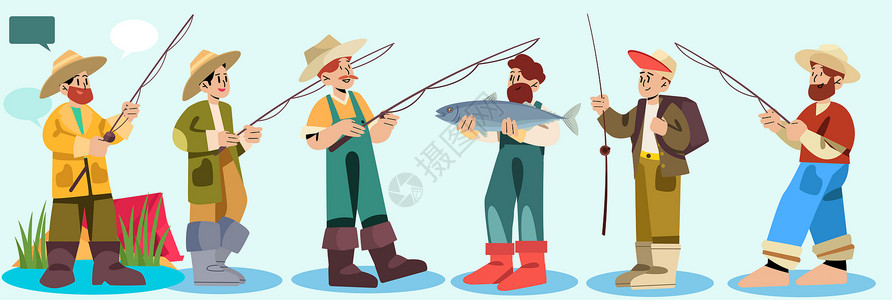 svg插画组件职业渔夫钓鱼矢量人物组合背景图片