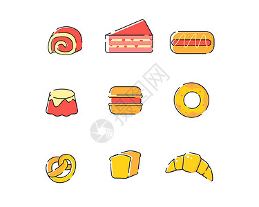 黄橙红暖色扁平甜点面包蛋糕美食布丁热狗甜甜圈svg插画图标元素插画