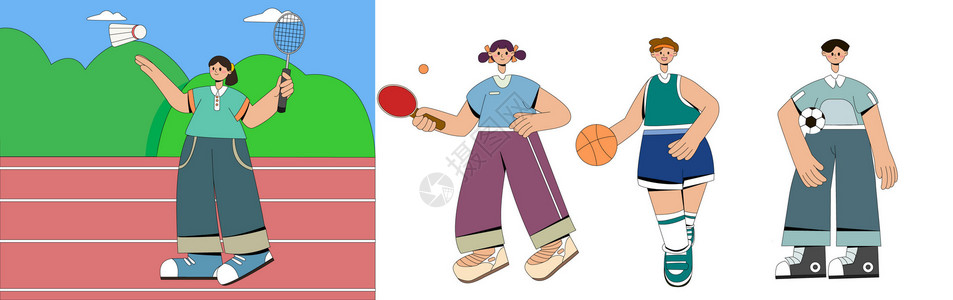 乒乓球运动员形象男生女生健康运动人物拆分组件插画插画