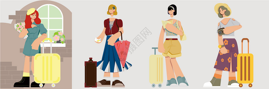 边框素材少女莫兰迪色系旅游人物拉行李箱少女拆分人物组件SVG插画插画