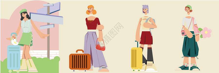 绿色系边框马卡龙色系旅游人物背书包拉行李箱少女拆分人物组件SVG插画插画
