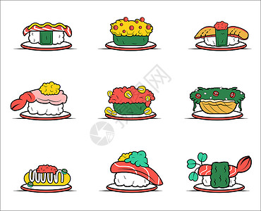 煎虾尾寿司美食扁平线性图标插画