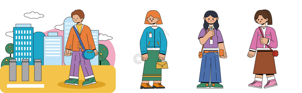 橙紫裙子女孩手拿手机背包人物SVG插画插画