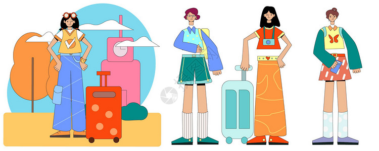 卡通女孩组件素材秋季出行之提着行李外出度假拆分人物插画插画