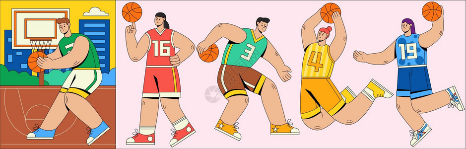 精致的篮球场SVG插画组件之篮球运动员扁平人物动态插画