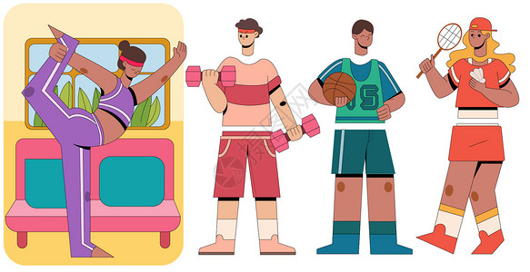 扁平风人物之运动健康人物组件插画背景图片