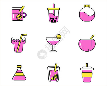 餐饮菜单彩色图标饮品可乐橙汁椰子汁奶茶鸡尾酒矢量元素套图svg图标插画