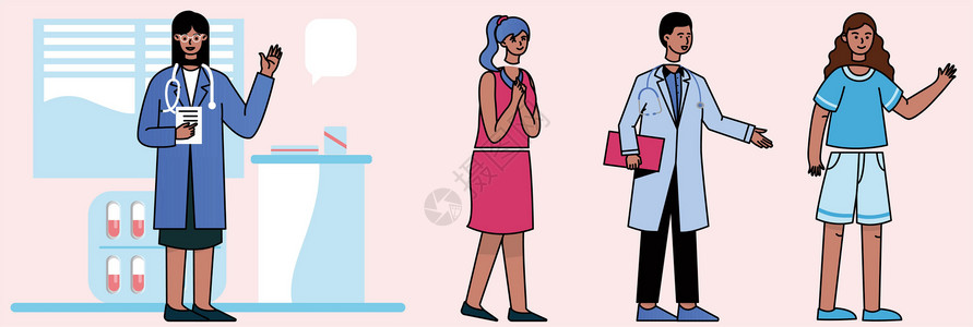 手托物品粉蓝色询问问题的病人医生SVG插画插画