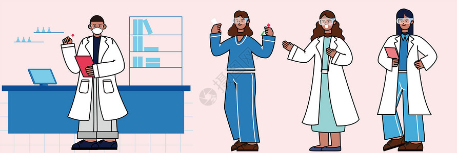 穿白大褂的女人蓝色医生白大褂SVG插画插画