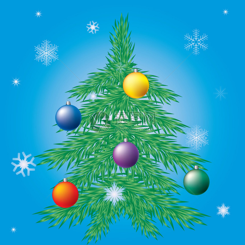 蓝色背景上装饰的圣诞树图片