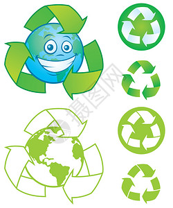 矢量卡通地球与回收符号和几个矢量回收符号和图标背景图片