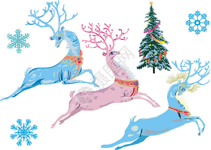 圣诞奇幻鹿冷杉和雪花的插图图片