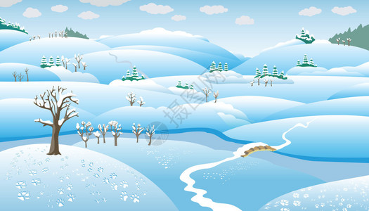 平原上的冬季风景山丘树木和河流雪覆图片