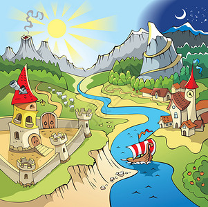 基哈达斯童话故事景观城堡和城镇的奇幻土地插画